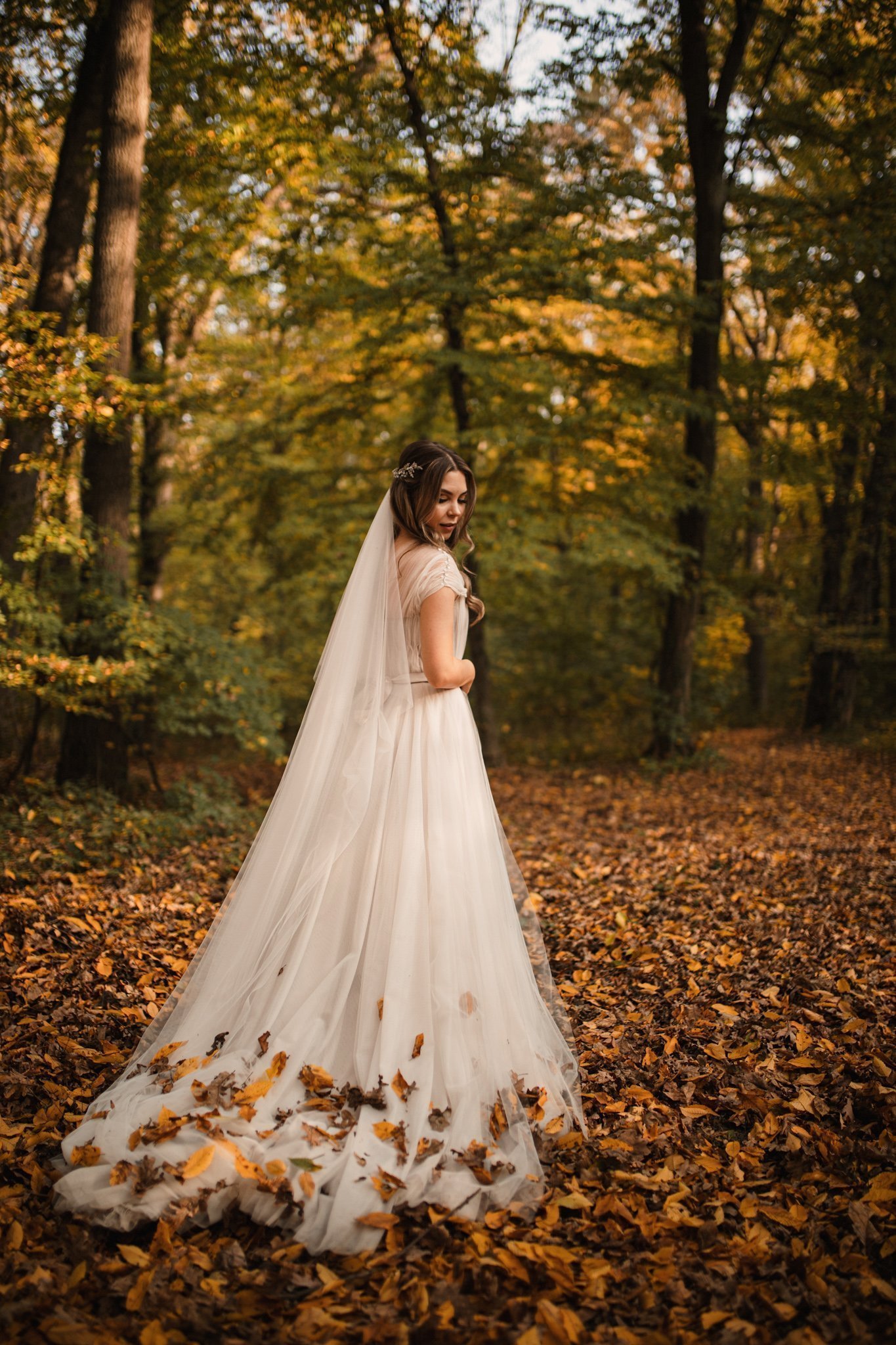 wedding photographer at greenspot wedding barn forest - bride portrait - autumn