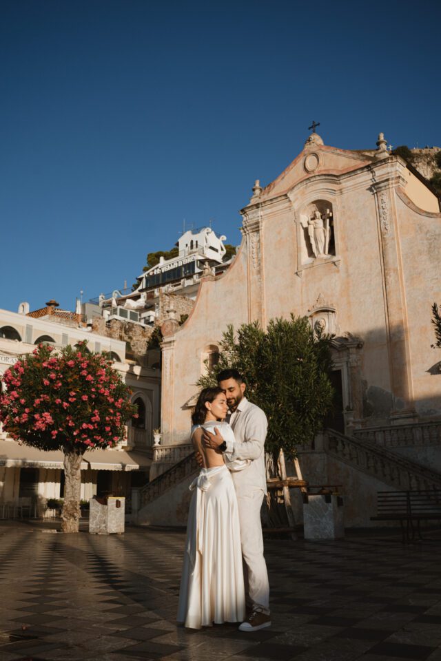 After wedding photoshoot in Taormina Sicily near historic church