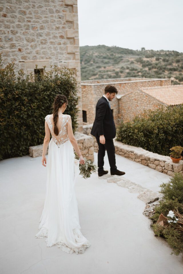 Bride and groom portrait in Mediterranean landscape