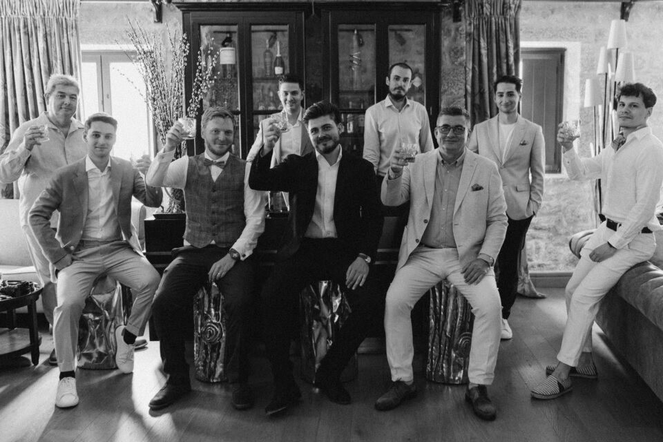 Groom portrait before ceremony at Greek destination wedding